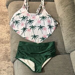SHEIN Palm Tree Bikini Set - Pink and Green